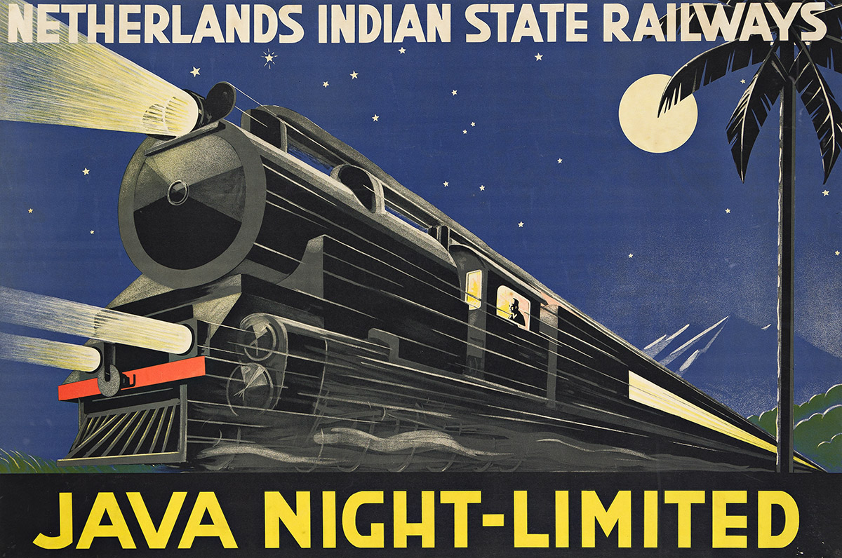 DESIGNER UNKNOWN.  JAVA NIGHT - LIMITED / NETHERLANDS INDIAN STATE RAILWAY. Circa 1936. 23½x35½ inches, 59½x90 cm.